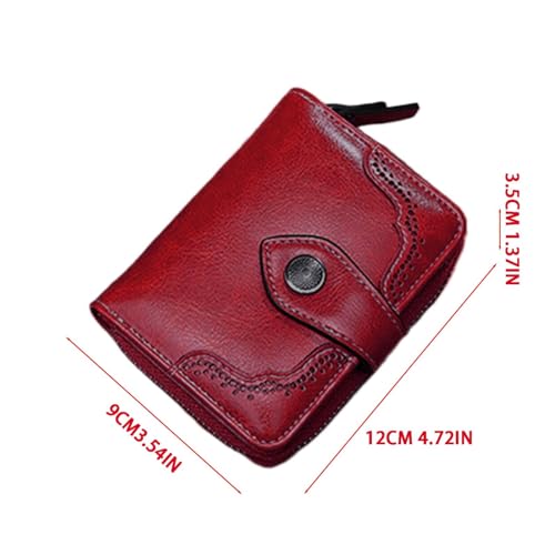 Fashion Retro Oil Waxed Leather Faux Leather Ladies Short Wallet Zipper Purse Stick On Wallet for Phone Case with Stand, Red, One Size3