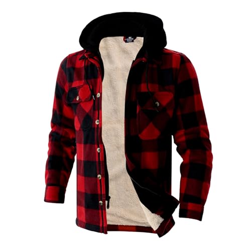 Image of TanBridge Men's Cotton Plaid Shirts Jacket Full Zip Fleece Flannel Sherpa Lined Hoodies Heavyweight Hoodies Jacket for Men