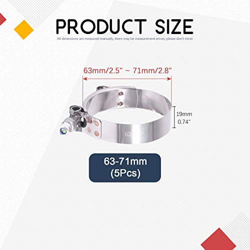 Hilitchi 5Pcs Stainless Steel T-Bolt Clamps with Rounded Band Edges Heavy Duty Turbo Intake Intercooler Clamp (63-71MM) for 2 1/4 Inch by Hilitchi - Image 2
