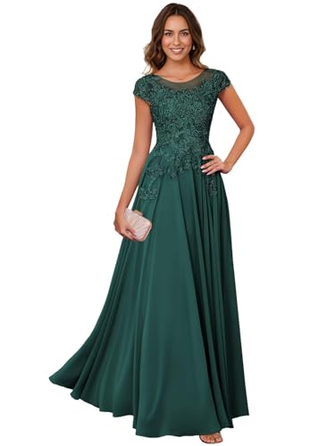 Image of Lace Applique Chiffon Mother of Bride Dresses - Short Sleeve Pleated Long Mother of The Groom Dress