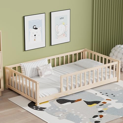 LLS Twin Floor Bed for Children, Durable Montessori Floor Bed with Sturdy Slats and Safety Fence, Solid Wood Floor Bed Frame for Girls Boys and Teens, Natural (Without Door)