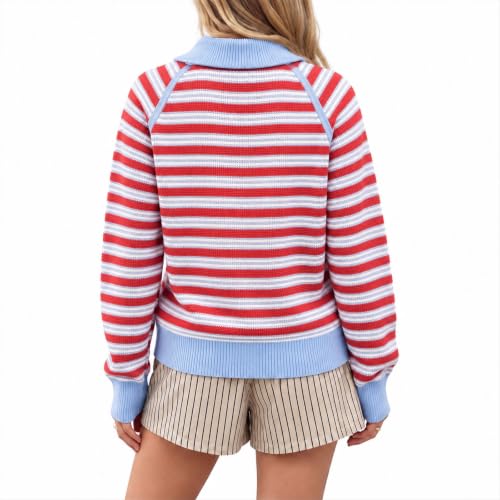 Quarter Zip Pullover Women Knit Stripe Sweater Color Block Cute Sweaters - image 5