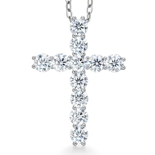 Gem Stone King Moissanite Cross Necklace | 925 Sterling Silver | 1.76 Cttw | 1 Inch | Jesus Christian Religious Crucifix Jewelry Pendant Necklace for Women | with 18 Inch Silver Chain