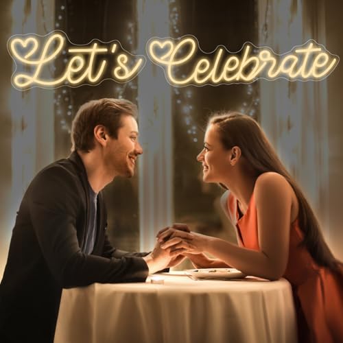 Let's Celebrate Neon Sign Warm White Neon Light 49.24×8.34inch for Wall Wedding Home Bar Party Decor Gifts Personalized Name Sign for Business