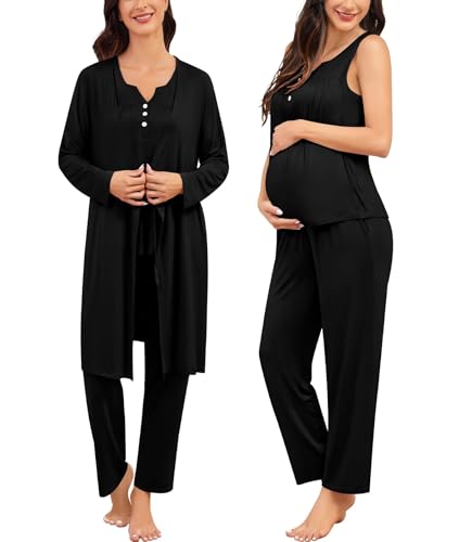 Image of SWOMOG Maternity Nursing Pajamas Set 3 Piece Breastfeeding 3 in 1 Labor Delivery Sleevless Tops Long Pants Pregnancy Pjs