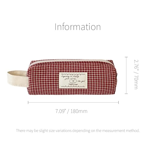 Image of Monolike Unmatched Friends Fabric Check Block Pencil Case, Vintage red - Aesthetic Gingham Pastel Desk Organizer, Soft Padded Makeup Brush Case, Trendy Minimalist Stationery Pouch