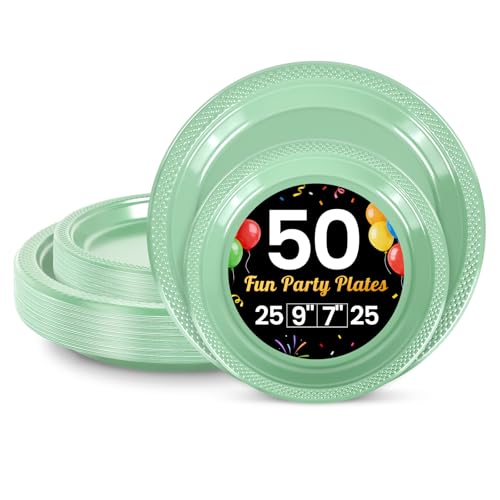 LANLISA 50 Pcs Sage Green Plastic Plates For Party 25-9 & 25-7 Disposable Cake Dessert Plates For Birthday Baby Shower Decorations Easter Dinner