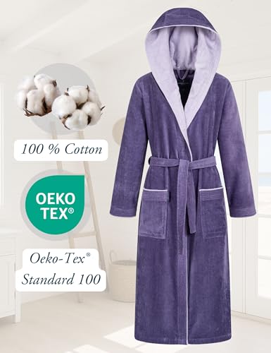 Morgenstern Bademantel Damen mit Kapuze 100% Baumwolle Frottee OEKO-TEX® Morgenmantel Leonie Lila Größe M