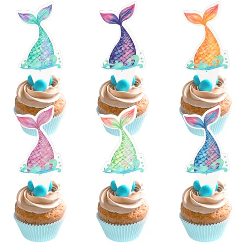 HIKIMA 48Pcs Mermaid Tail Cupcake Toppers, Mermaid Cake Decorations, Non-Edible, Birthday Occasion