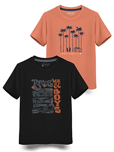 Image of HELLCAT Boys Round Neck Printed Blended Cotton Tshirt -Combo Pack of 2 - Orange /Blue