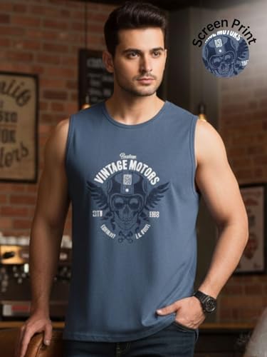 Image of Rigo Stylish Cotton Printed Vest for Men | Round Neck,Regular Fit, Sleeveless T-Shirt Vest for Men | Casual Innerwear Sando for Men & Boys - Perfect for Workouts Gym, Vacations, and Beaches