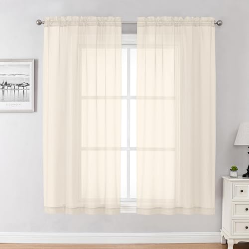 Image of Chyhomenyc Cream Sheer Curtains 63 Inches Long 2 Panels Set- Light Filtering Curtains for Bedroom, Soft Airy Voile Rod Pocket Living Room Window Drapes, 42Wx63L Inches, 2 PCS