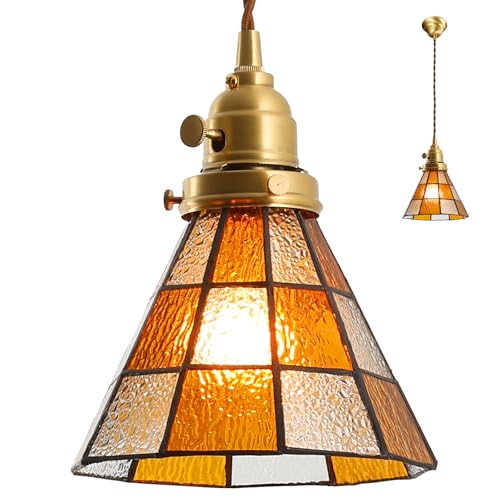 【おしゃれ レトロ】ペンダントライト 照明器具 真鍮製ボディ&ガラスシェード(ステンドグラス風)LED対応 E26口金 コード長さ調節可能 天井吊り下げ式 玄関/書斎/ダイニングルーム対応 - オレンジ(電球別売)