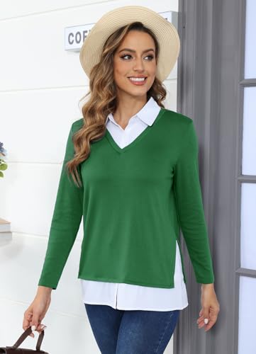 Image of Vldnery Womens Fall Winter Sweater 2025 Trendy Clothes Oversized V Neck Long Sleeve Shirts 2 in 1 Outfit Casual Pullover Tops