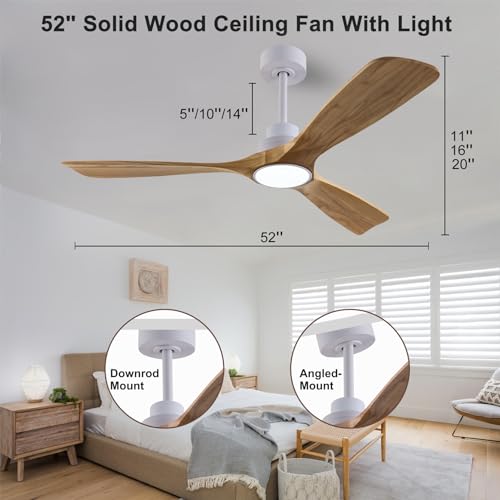 Image of QUTWOB 52 inch Wood Ceiling Fan with Light, Reversible DC Motor, Remote Control | solid wood blades, quiet 6-speed reversible dc motor, remote with memory, 3-color led, for indoor outdoor patio bedroom