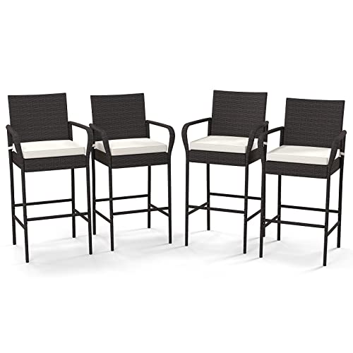 COSTWAY Outdoor Wicker Bar Stools Set of 2/4 All Weather Rattan Dining Chairs with Soft Seat Cushions Armrests & Footrest Metal Frame Bar Height Patio Chairs 180kg Max Load (Mix Brown 4)