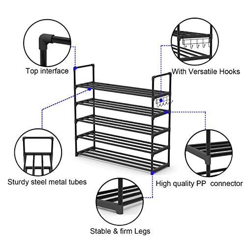 Hsscblet 5 Tiers Metal Shoe Rack,Adjustable Shoe Shelf Storage Organizer With Versatile Hooks,Stackable Boot & Shoe Storage,For Entryway,Hallway,Living Room,Closet,Black #TOP4