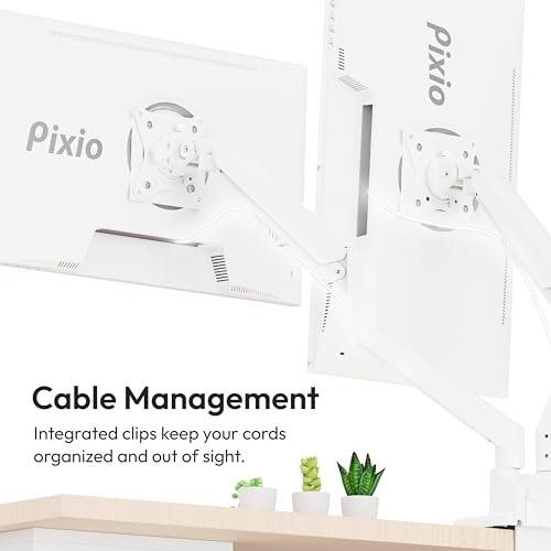 Image of Pixio PS1D Wave White Dual Monitor Arm Stand Desk Mount - Fits up to 32 inches Monitors and up to 19.8lbs. VESA Compatibility and Integrated Cable Management
