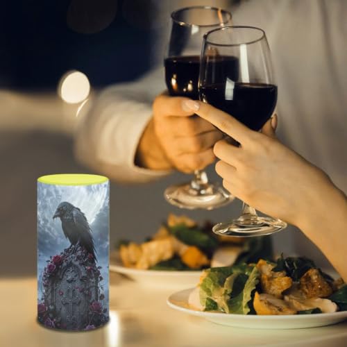 Image of Poceacles Flameless Light Candles Battery Operated Candles with Color Changing Timer Remote Control Tealights for Home Beach Dinner Party Banquet Decor, Crow Rose Cross Grave Print