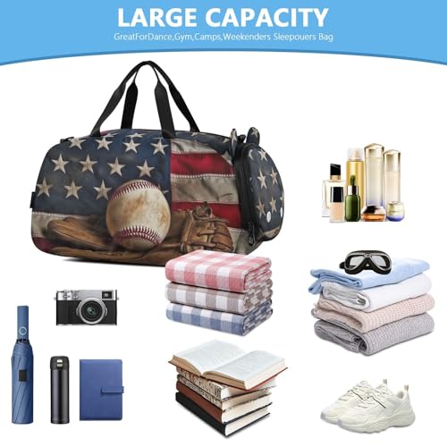 American Baseball Duffle Bag for Girl, Sports Duffle Gym Bags with Shoe Compartment, Personalized Overnight Bag Travel Weekender for Kids4