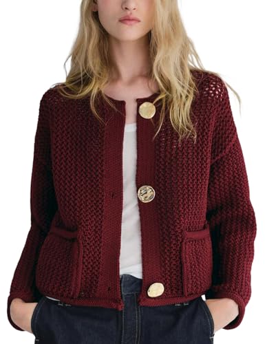 Image of Wyeysyt Womens Cropped Cardigan Sweaters Chunky Knit Gold Button Down Open Front Cardigan Long Sleeve Crop Crochet Sweaters