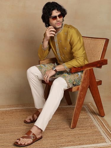 Image of Amazon Brand - Tavasya Men Printed Kurta with Ethnic Motif Border | Special Haldi Kurta | Festive Embellished Long Kurta | Embroidery Kurta | Ethnic Wear | Mandarin Collar | Knee Length