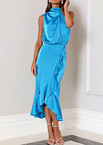Image of KIRUNDO Women's Summer Satin Mock Neck Wedding Guest Dress | Party Cocktail Midi Dress, 2026 Spring Fashion, Silky, Elegant Classy Halter High Neck, Sleeveless Wrap Ruffle Formal Dress
