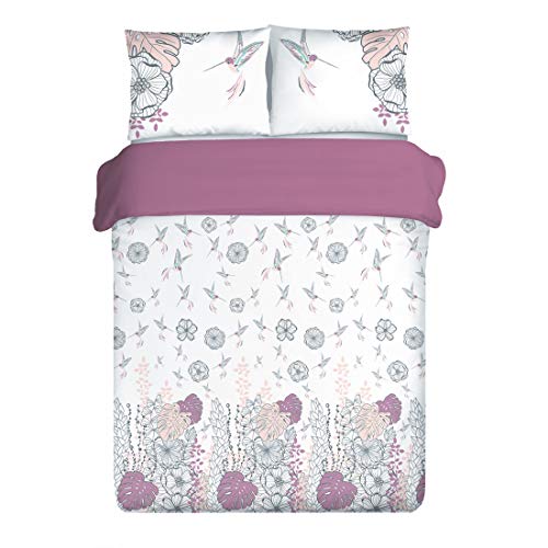 Eurofirany - Ropa de Cama con diseño de Hojas, Flores, colibrí, Estampado, Blanco, Lila, Funda nórdica de algodón satén Oeko-Tex, Juego de 2 Fundas de Almohada, 1 Funda de edredón, 220 x 200 cm