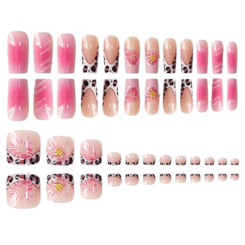 Image of 48 Pcs Flower Press on Nails & Press on Toenails Set Leopard Print French Tip Fake Nails Flower Glue on Toenails Glossy Artificial Acrylic Full Cover Square Stick on Nails for Women Manicure