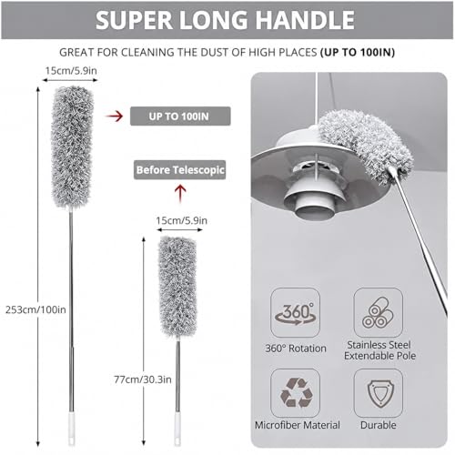 Image of Upgraded Long Handle Extendable Microfiber Duster with Telescopic Metal Handle, Detachable Dust Cleaning Brush for Sofa, Table, Cabinet, Shelf, Ceiling Light and Air Conditioner