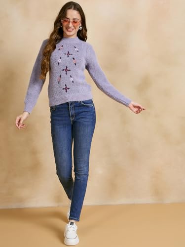 Image of Clapton Women's Floral Embroidered Knitted Pullover Sweater, Long Sleeve, Round Neck, Casual