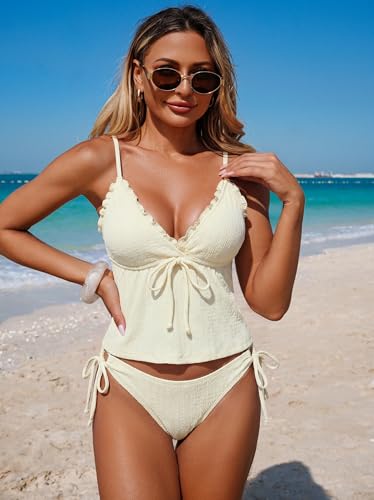 Image of ZAFUL Women's V Neck Textured Knot Tie Ruffle Trim Tankini Swimsuits | Back Self Tie, Sexy Plunging Neck, Relaxed Tummy Control Tank Top, Tie Side Cheeky Bikini Bottom, 2 Piece Bathing Suit