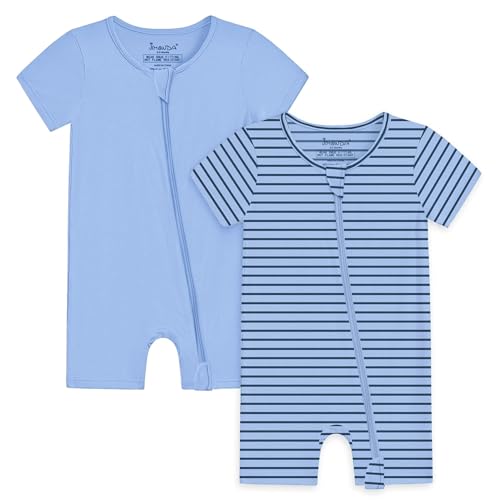 Jimonda Baby Romper - Short Sleeve 2-Way Zipper Cotton Pajamas, Blue (0-3M)