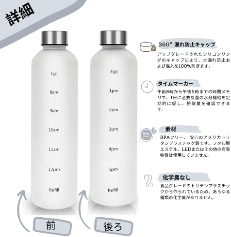 Amazon Healthywish タイムマーカー付きウォーターボトル 1リットル 水筒 1000ml スリムでおしゃれ 透明の水筒 1000ml シルバー ホワイト 水筒 マグボトル オンライン通販