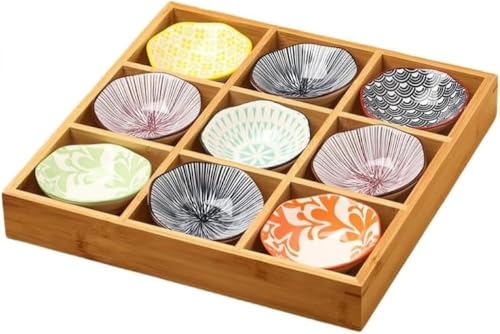 DMEND プレート、小皿セット、和風、小皿、竹製皿、陶器、前菜皿、サービングボウル、深型、仕切り付き、天然木、9点小鉢、醤油皿、前菜皿、サービングボウル、和食器、陶器、アイスクリーム、ソース皿、鍋、バーベキュー、寿司レストラン、食器洗い機 (B)