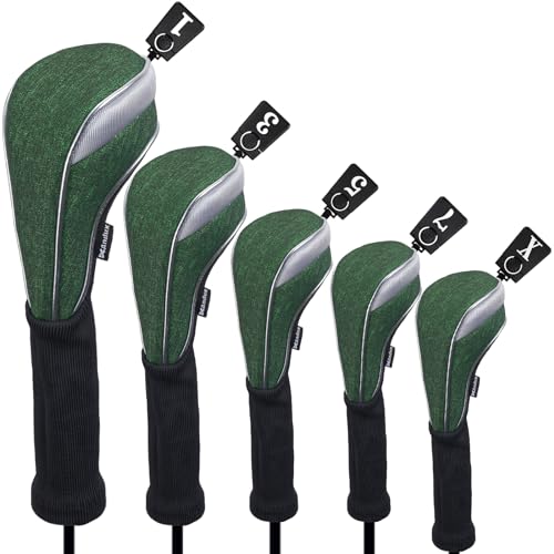 Andux 5pcs/Set Nylon Golf Wood Club Head Covers with Long Neck Green
