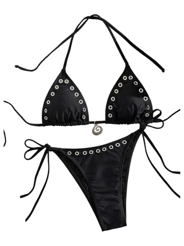 SOLY HUX Women's Two Piece Swimsuit Halter Triangle Tie Side String Bikini Set Grommet Eyelet Bathing Suit2