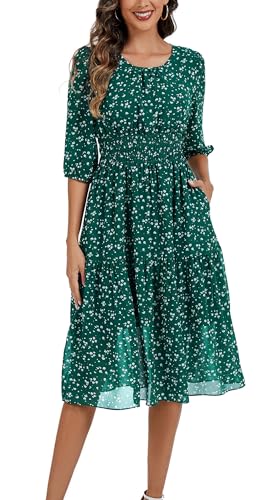 Image of Kormei Women Casual Boho Floral Round Neck 3 /4 Sleeve Smocked Waist Tiered A Line Flowy Swing Midi Dress Long Dresses