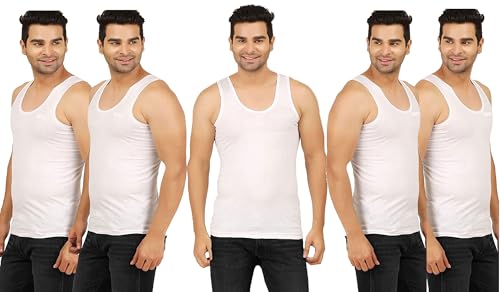 Compatible PRAKASAM Cotton Men's Combed Cotton Round Neck Sleeveless White Vest with Extended Length for Easy Tuck (Gold) Pack of 5