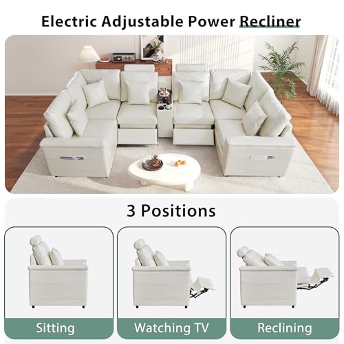 Image of RARZOE Faux Leather Sectional Sofa with 2 Power Recliner, U Shaped PU Leather Couch with Storage Console Charging Cup Holders, 6 Seater Oversized Modular Reclining Couches for Living Room,Beige