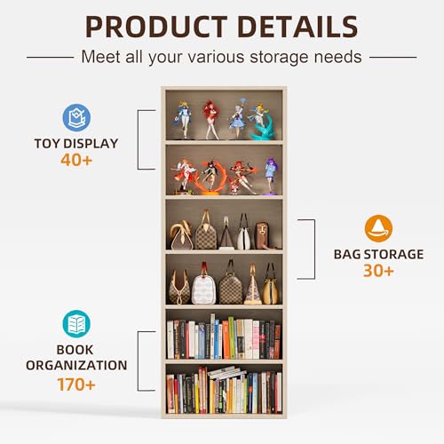 Image of Furniwell 71 inch Tall Bookcase Bookshelves, 6 Tier Floor Standing Bookcases Open Frame, Modern Display Storage Organizer for Home Office, Living Room, Bedroom, Study Room (Beige, 1 Pcs)
