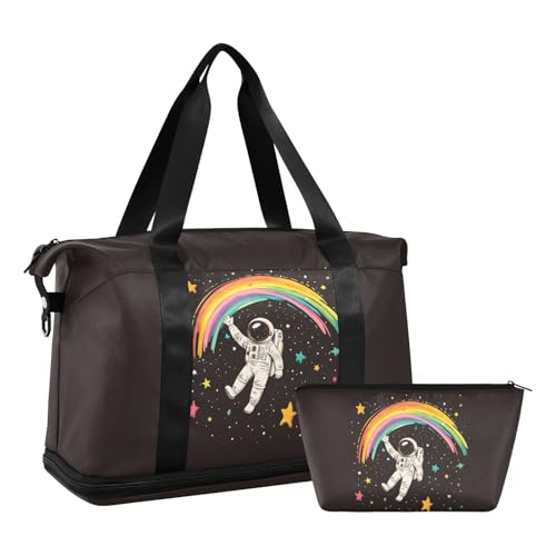 Astronaut Rainbow Black Travel Duffel Bag for Women Men Gym Bag with Shoe Compartment Wet Pocket Carry On Weekender Overnight Bags for Travel Weekend Getaway2