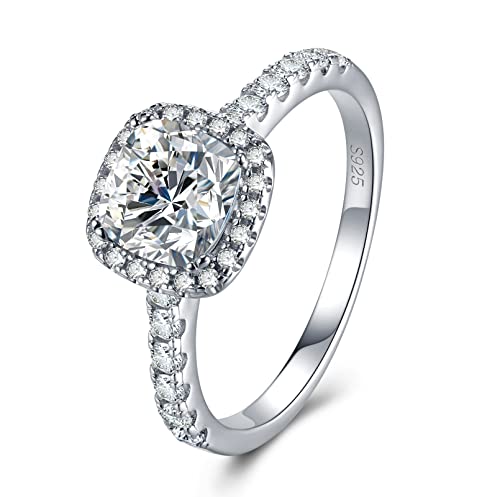 Atylyk Anéis de noivado Moissanite de 1,5 quilates de prata esterlina banhada a ouro Halo Eternity Wedding Band Ring para mulher, Prata esterlina, Moissanite