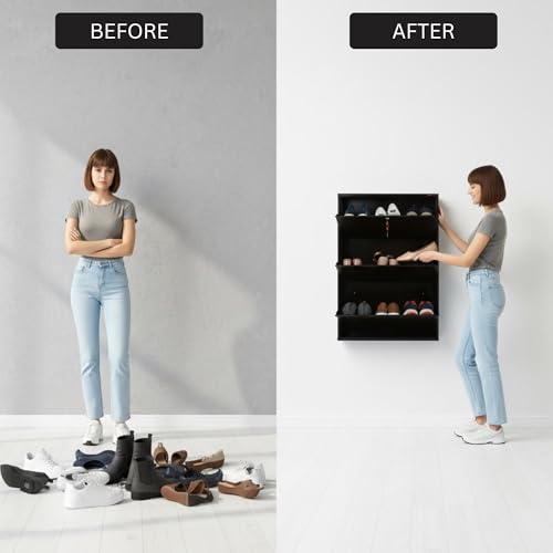 Image of 3 Door Wall Mounted Metal Shoe Rack Cabinet with Lock | Space Saving Shoe Storage Cabinet for Home, Entryway & Balcony | Dustproof Ventilated Shoe Organizer | Brown | 39 x 26 x 6 in