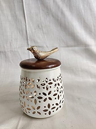 Akriti Brass Art Wares Metal Iron Decorative Birds Jar Container With Lid For Storage in Kitchen & Dining Table Size (L B H - 10 10 14.5 cms) Gifting Chocolate Box, Color Cream, 1 piece, Made in India