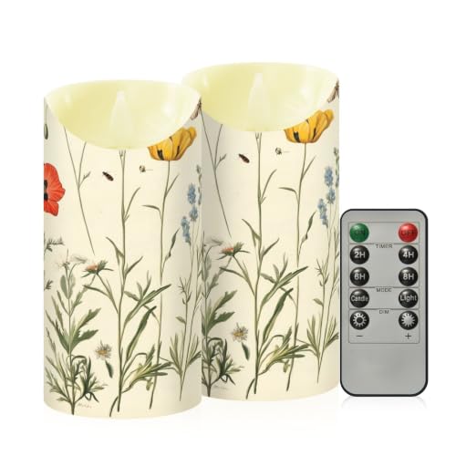 Ewusp Juego de 2 velas LED parpadeantes sin llama con diseño de mariposas y amapolas y flores silvestres, con control remoto y temporizador, para decoración del hogar, bodas, vacaciones, fiestas