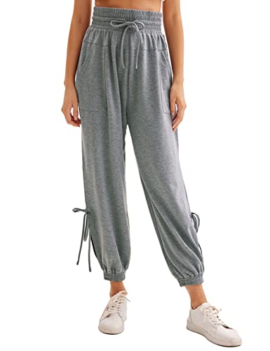 GRACE KARIN Women Drawstring Sweatpants High-Rise Harem Pants Side Slit Loose Workout Joggers with Pockets Grey L