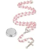 Cossaot Rosario Católico, Collar Católico Confirmation Gifts for Teenage Girls, Collar de Cuentas de Rosario de Perlas Rosa, Silver Simple Style Metal Gift Box Baptismo Comunión Todos Los Días