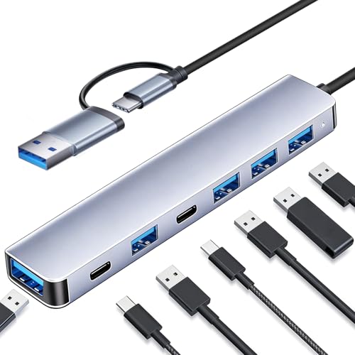 Hub USB C 7 en 1 Adaptador USB C con USB 3.0, 4 USB 2.0, Puertos Datos USB C Duales Adaptador Multipuerto para PC, Tableta, MacBook Air/Pro, iPad Pro, iPhone 16 Pro MAX