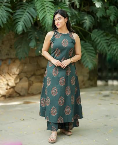 Image of GoSriKi Co Ord Set for Women Viscose Printed | A-Line Kurta Palazzo Set for Woman | Round Close Neck Sleeveless Ethnic Dress Stylish Coord Outfit Trendy Womens Clothing